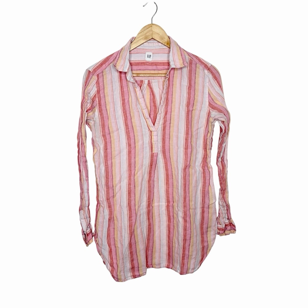 Gap Linen Shirt Pink Striped Womens M Nautical Preppy Fisherman Coastal Beachy
